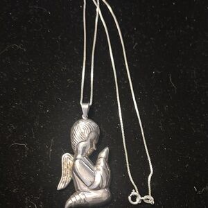 Vintage Sterling Silver praying Angel Pendant Necklace
